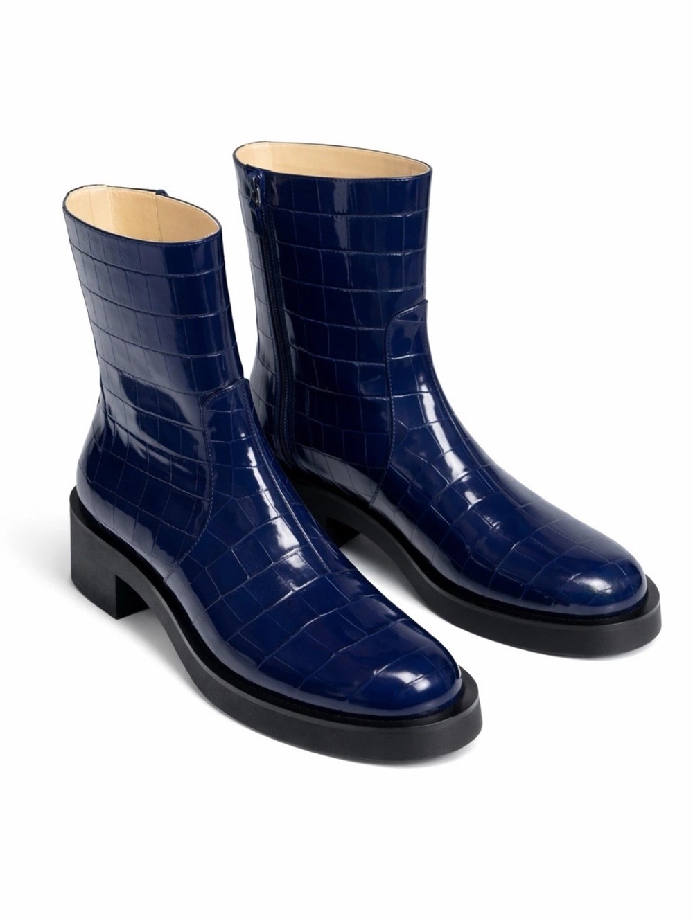 Stuart Weitzman Navy Croc-Embossed Leather Ankle Boots